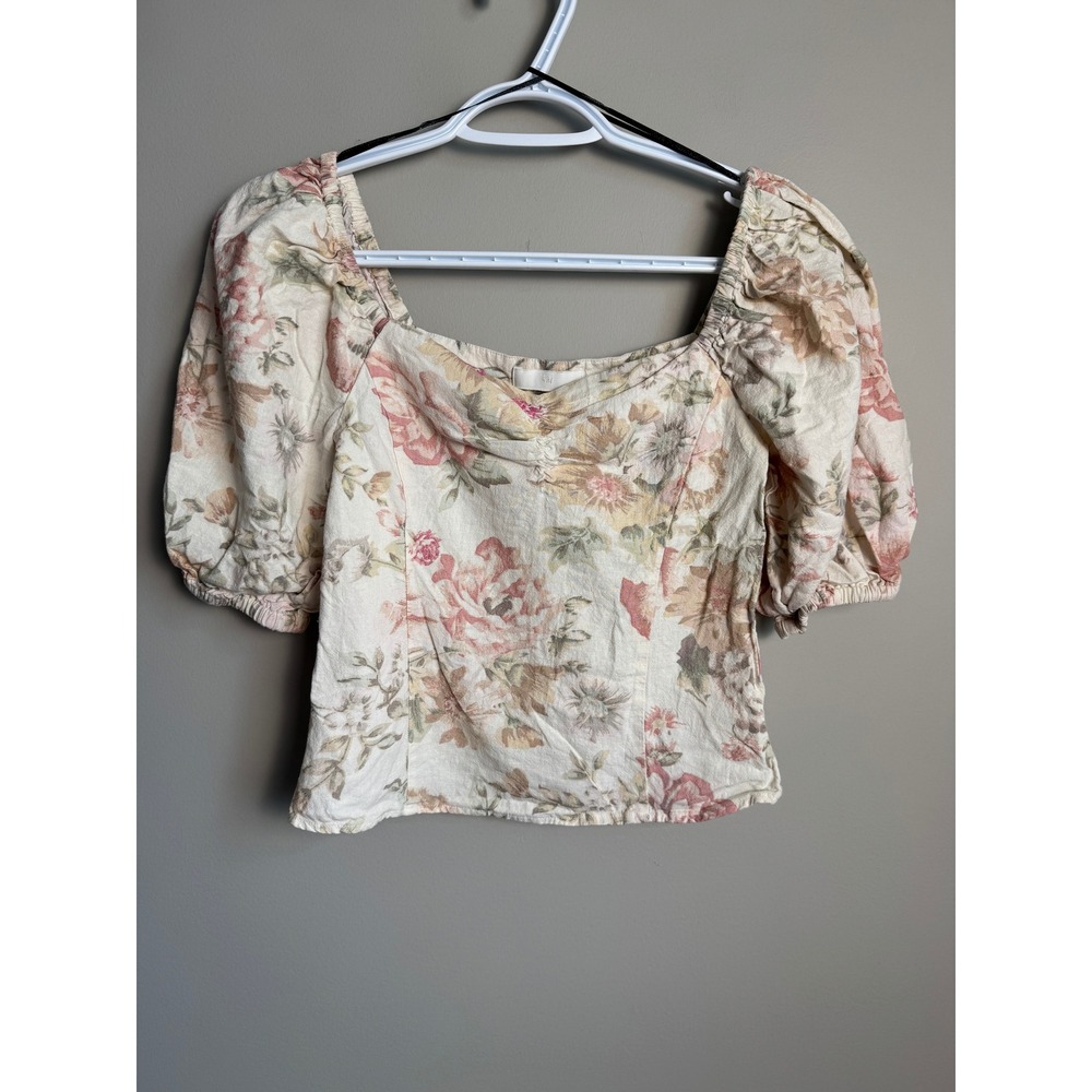 H&M Linen Blend Floral Puff Sleeve Square Neck Blouse XXS Cottagecore Romantic